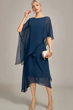Marinha Chiffon A-line Scoop Neck Mãe do Vestido da Noiva