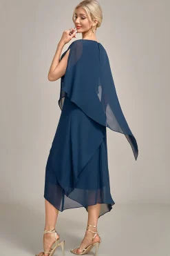 Marinha Chiffon A-line Scoop Neck Mãe do Vestido da Noiva