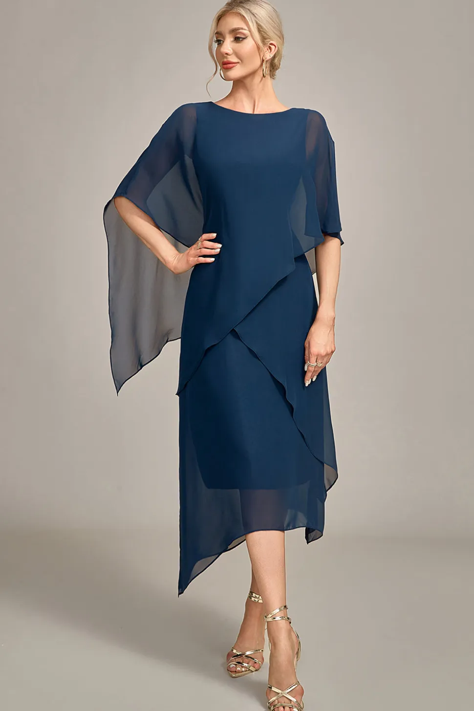 Marinha Chiffon A-line Scoop Neck Mãe do Vestido da Noiva