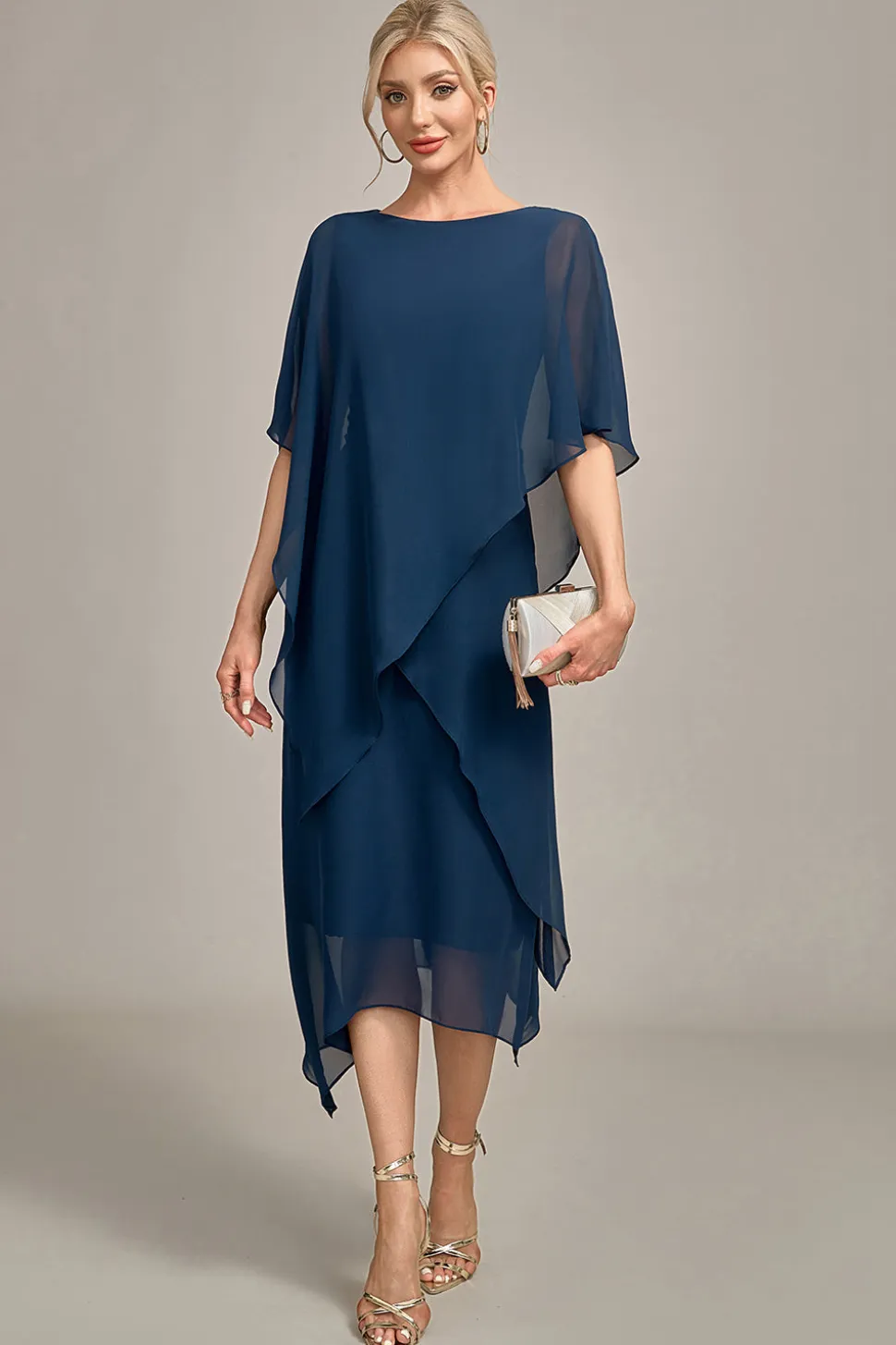 Marinha Chiffon A-line Scoop Neck Mãe do Vestido da Noiva