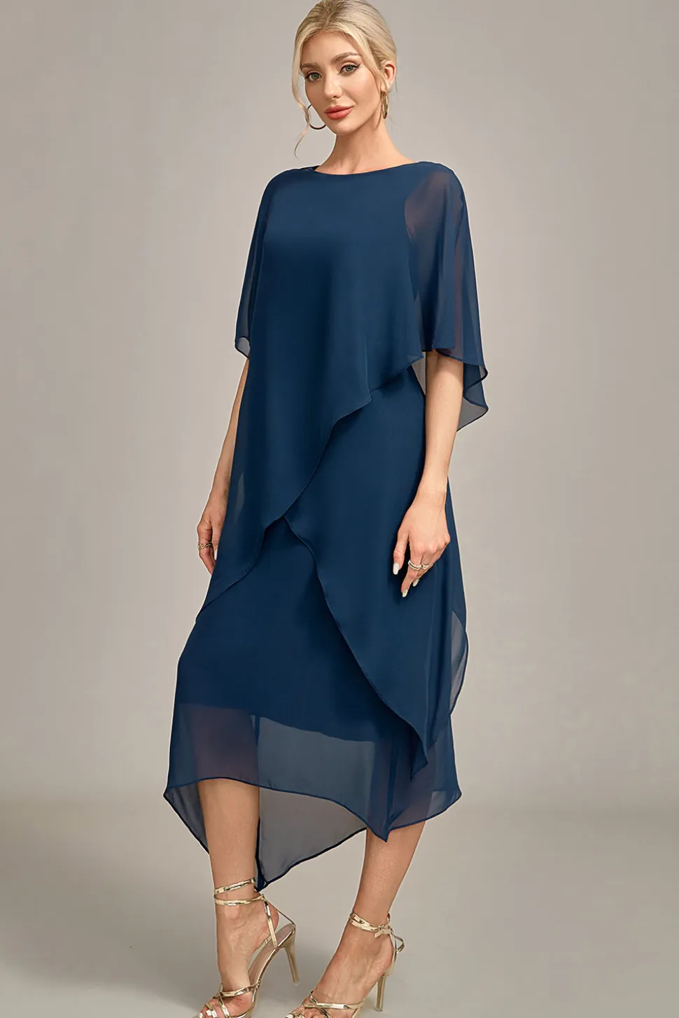 Marinha Chiffon A-line Scoop Neck Mãe do Vestido da Noiva
