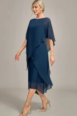 Marinha Chiffon A-line Scoop Neck Mãe do Vestido da Noiva