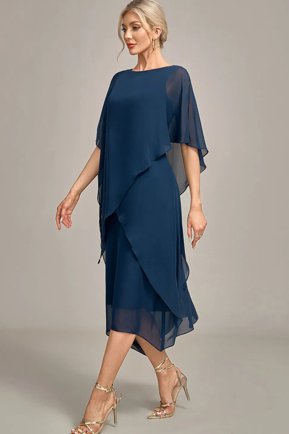 Marinha Chiffon A-line Scoop Neck Mãe do Vestido da Noiva