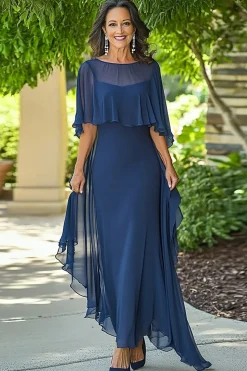 Marinha Chiffon Bainha Longa Mãe da Noiva Vestido com Cabo