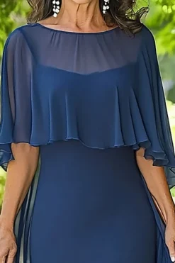 Marinha Chiffon Bainha Longa Mãe da Noiva Vestido com Cabo