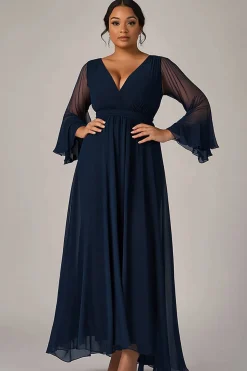 Marinha Chiffon Decote em V Longo Vestido Mae Noiva com Mangas Compridas