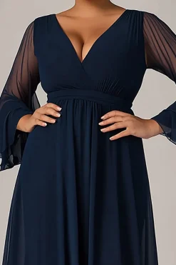 Marinha Chiffon Decote em V Longo Vestido Mae Noiva com Mangas Compridas