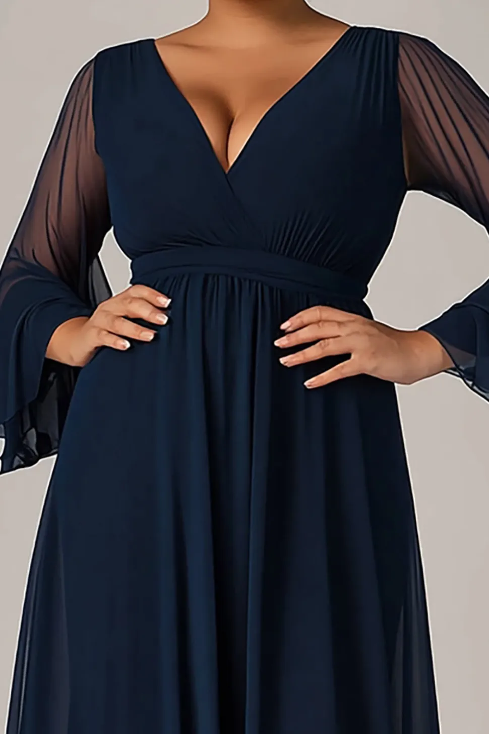 Marinha Chiffon Decote em V Longo Vestido Mae Noiva com Mangas Compridas
