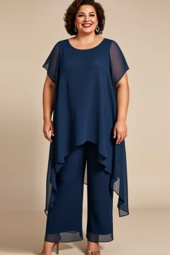Marinha Chiffon Decote Redondo Tamanhos Grandes Vestido Mae Noiva