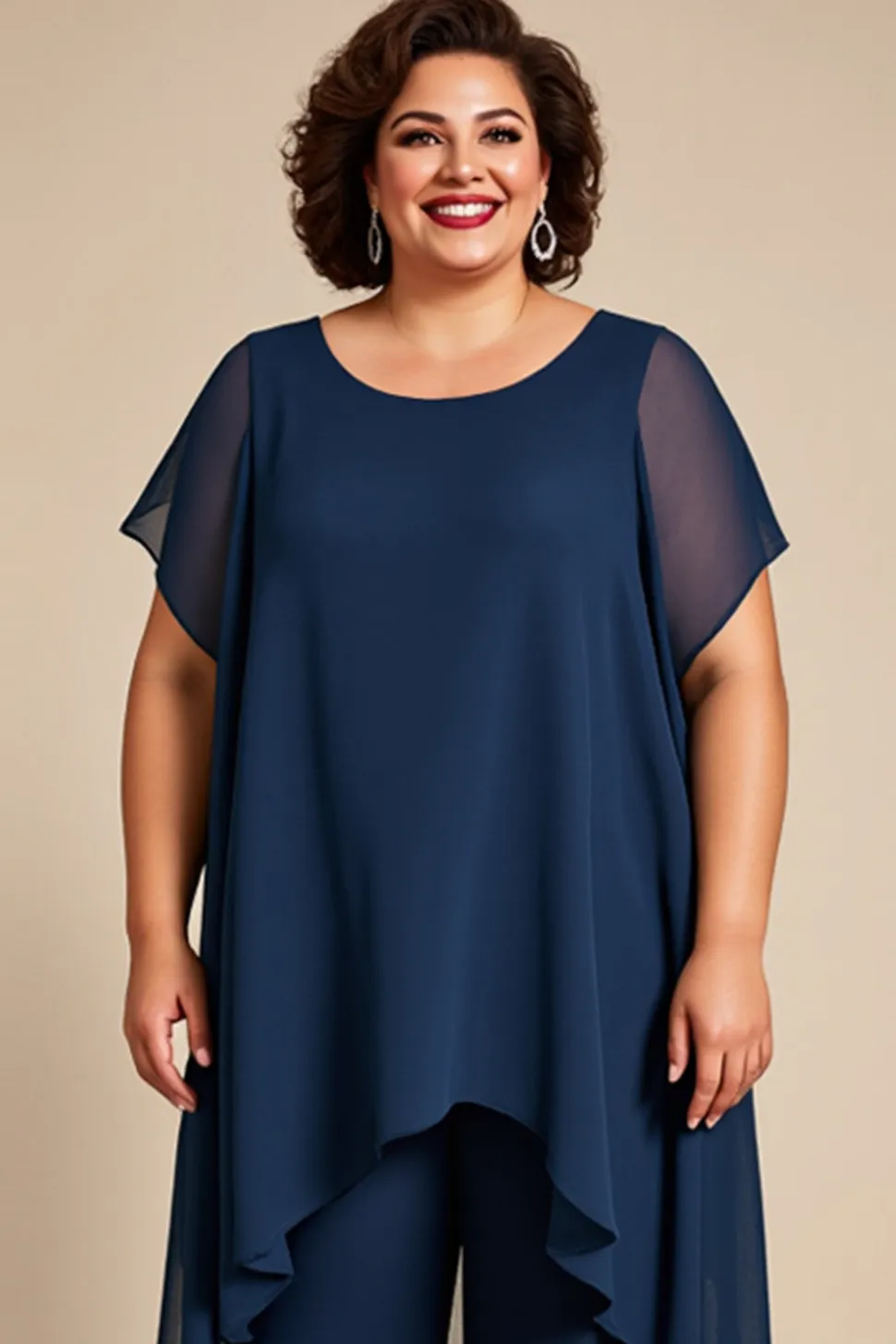 Marinha Chiffon Decote Redondo Tamanhos Grandes Vestido Mae Noiva