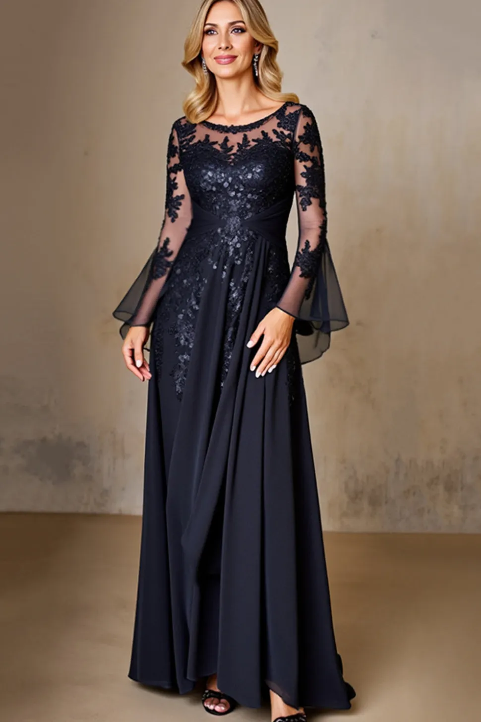 Marinha Chiffon Linha-A Longos Vestido Mae Noiva com Renda