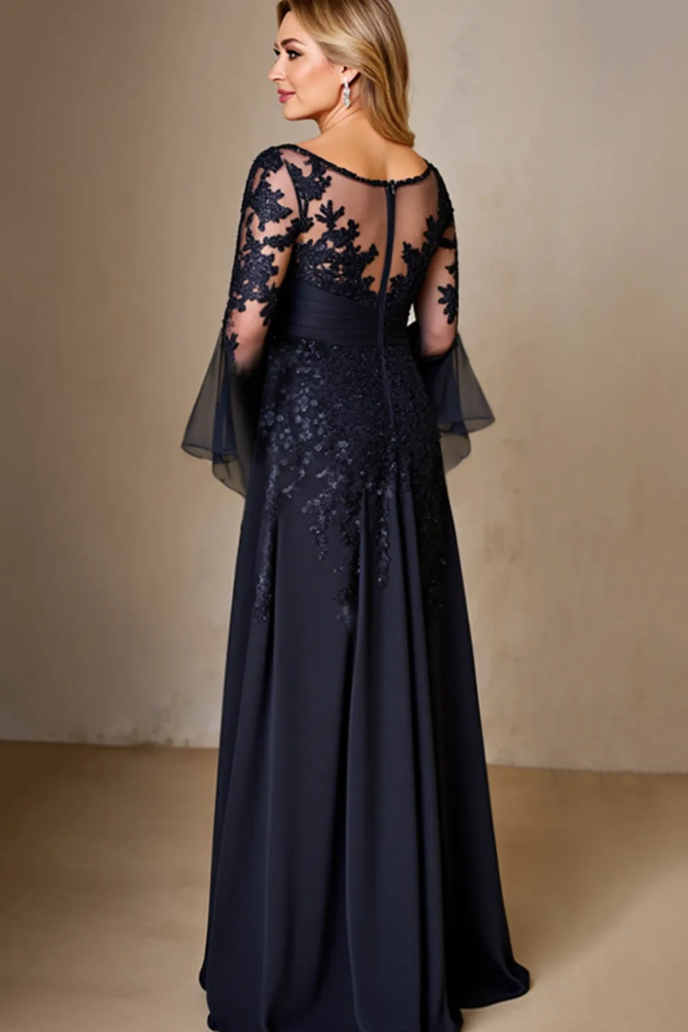 Marinha Chiffon Linha-A Longos Vestido Mae Noiva com Renda