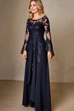 Marinha Chiffon Linha-A Longos Vestido Mae Noiva com Renda