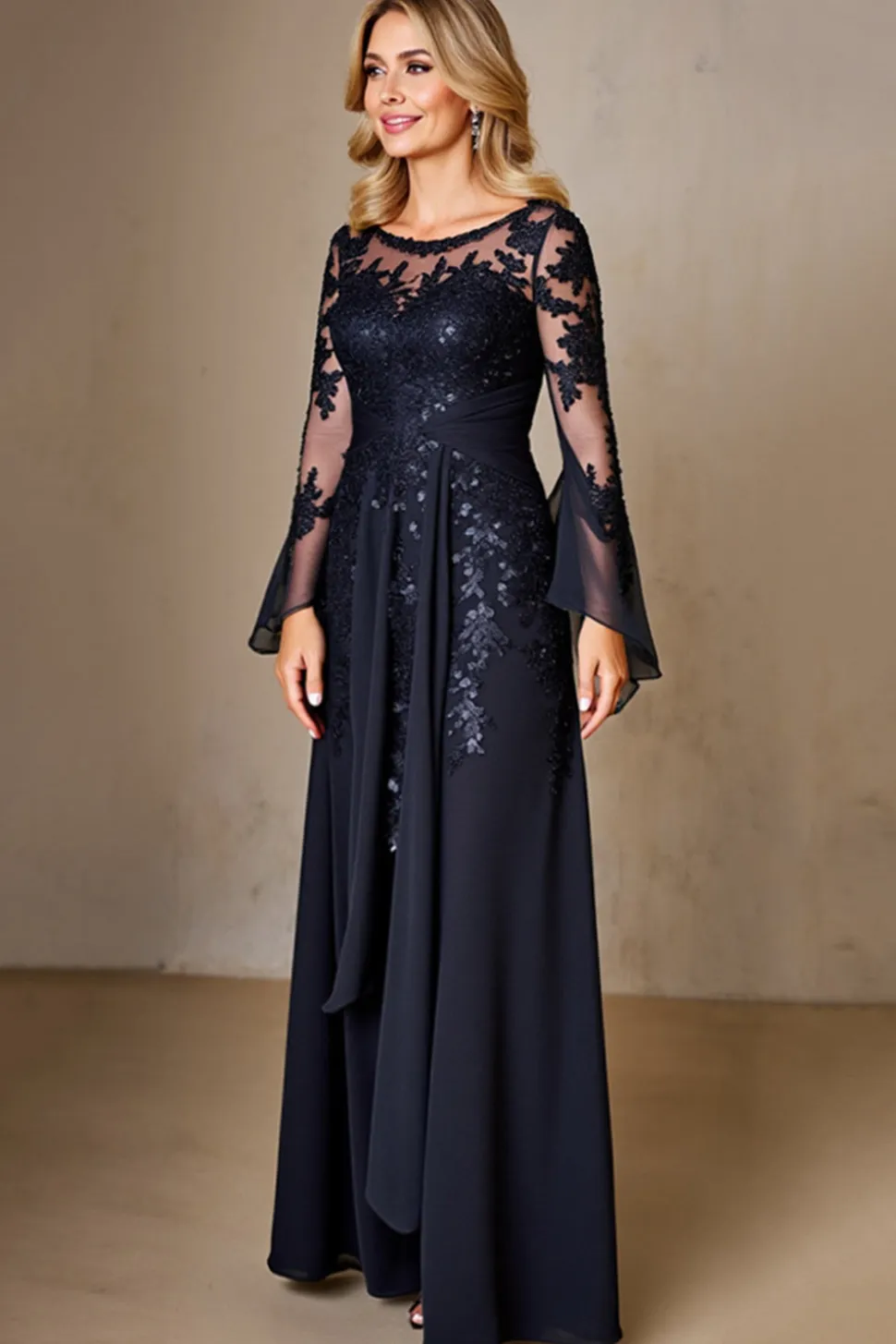 Marinha Chiffon Linha-A Longos Vestido Mae Noiva com Renda