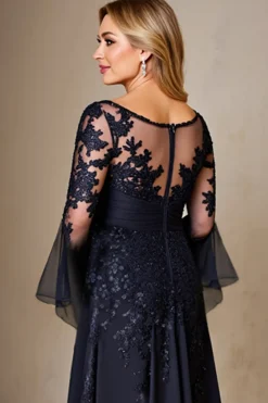 Marinha Chiffon Linha-A Longos Vestido Mae Noiva com Renda