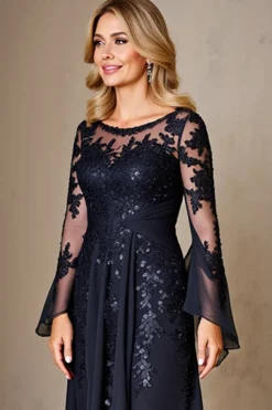 Marinha Chiffon Linha-A Longos Vestido Mae Noiva com Renda