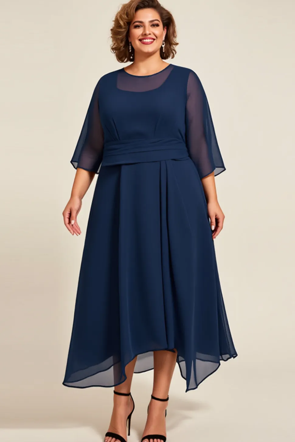 Marinha Chiffon Linha-A Tamanhos Grandes Longos Vestido Mae Noiva