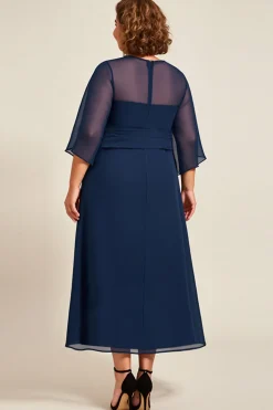 Marinha Chiffon Linha-A Tamanhos Grandes Longos Vestido Mae Noiva