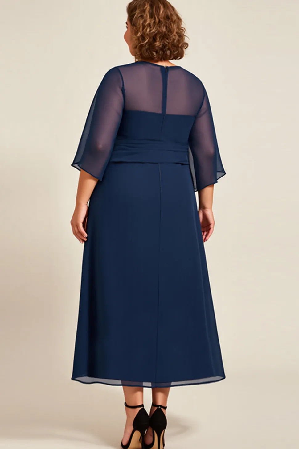 Marinha Chiffon Linha-A Tamanhos Grandes Longos Vestido Mae Noiva