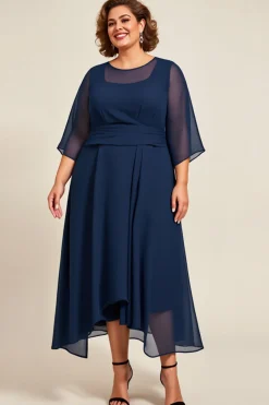 Marinha Chiffon Linha-A Tamanhos Grandes Longos Vestido Mae Noiva
