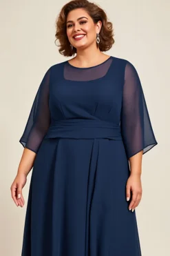 Marinha Chiffon Linha-A Tamanhos Grandes Longos Vestido Mae Noiva
