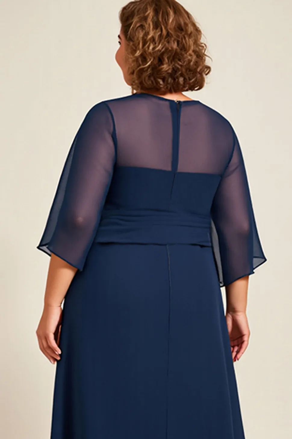 Marinha Chiffon Linha-A Tamanhos Grandes Longos Vestido Mae Noiva