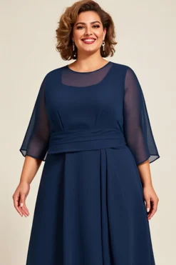 Marinha Chiffon Linha-A Tamanhos Grandes Longos Vestido Mae Noiva
