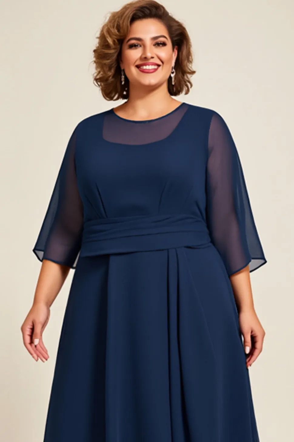 Marinha Chiffon Linha-A Tamanhos Grandes Longos Vestido Mae Noiva