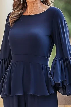 Marinha Chiffon Mangas Longas Mãe da Noiva Calças Ternos com Folhos