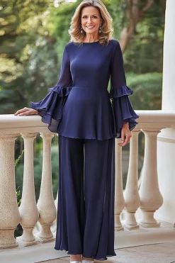 Marinha Chiffon Pescoço Redondo Longa Mãe da Noiva Pant Suits