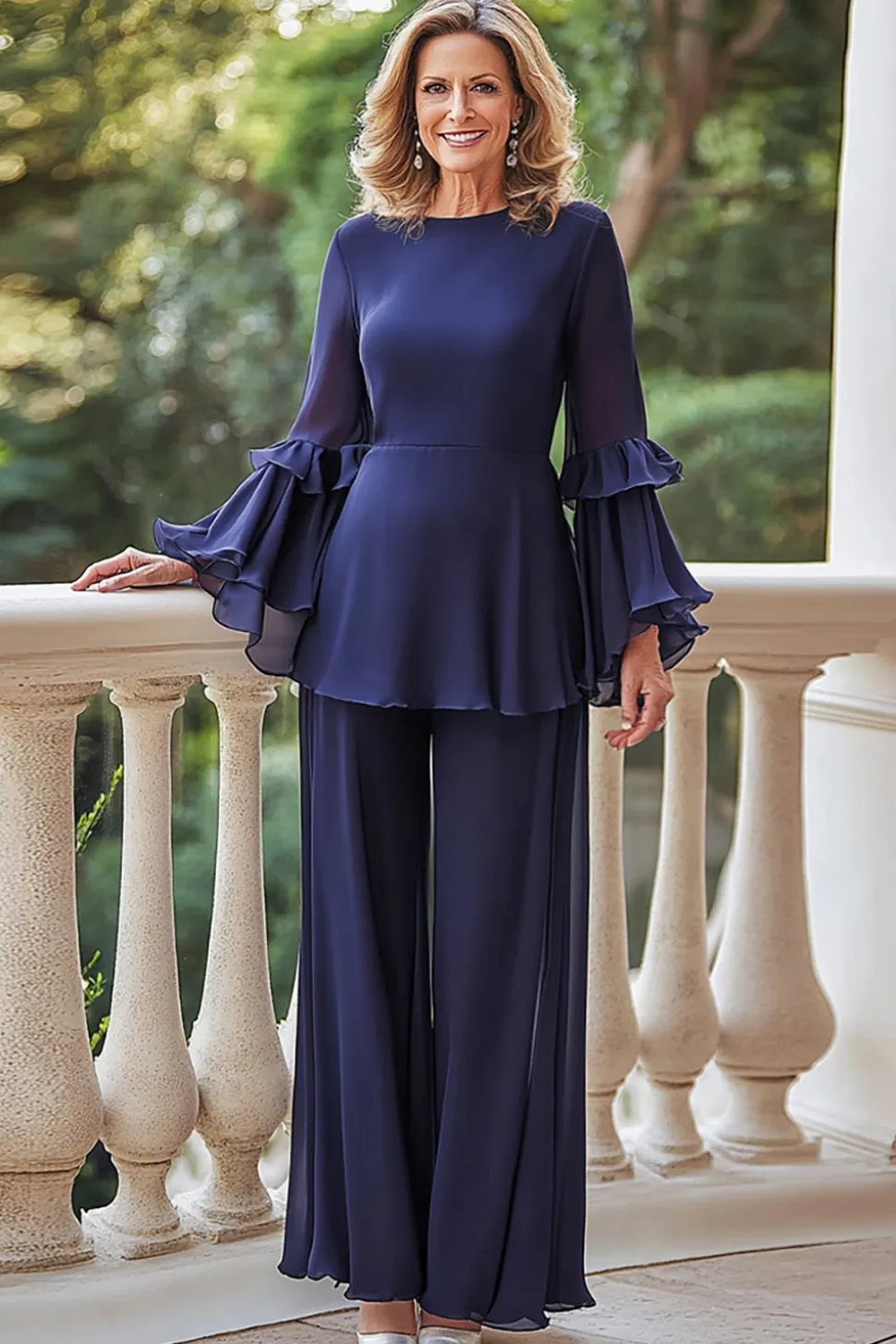 Marinha Chiffon Pescoço Redondo Longa Mãe da Noiva Pant Suits