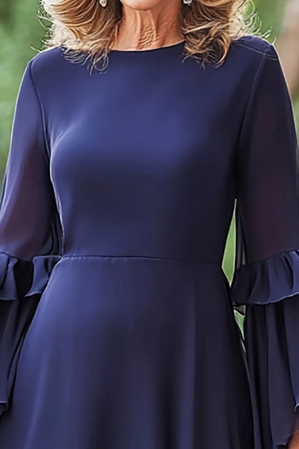 Marinha Chiffon Pescoço Redondo Longa Mãe da Noiva Pant Suits
