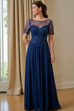 Marinha Chiffon Uma Linha Appliqued Ilusão Barco Pescoço Longo Mãe da Noiva Vestido com mangas