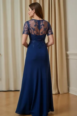 Marinha Chiffon Uma Linha Appliqued Ilusão Barco Pescoço Longo Mãe da Noiva Vestido com mangas