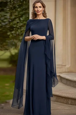 Marinha Chiffon Uma Linha Mãe de Noiva Vestido com Mangas Flutter