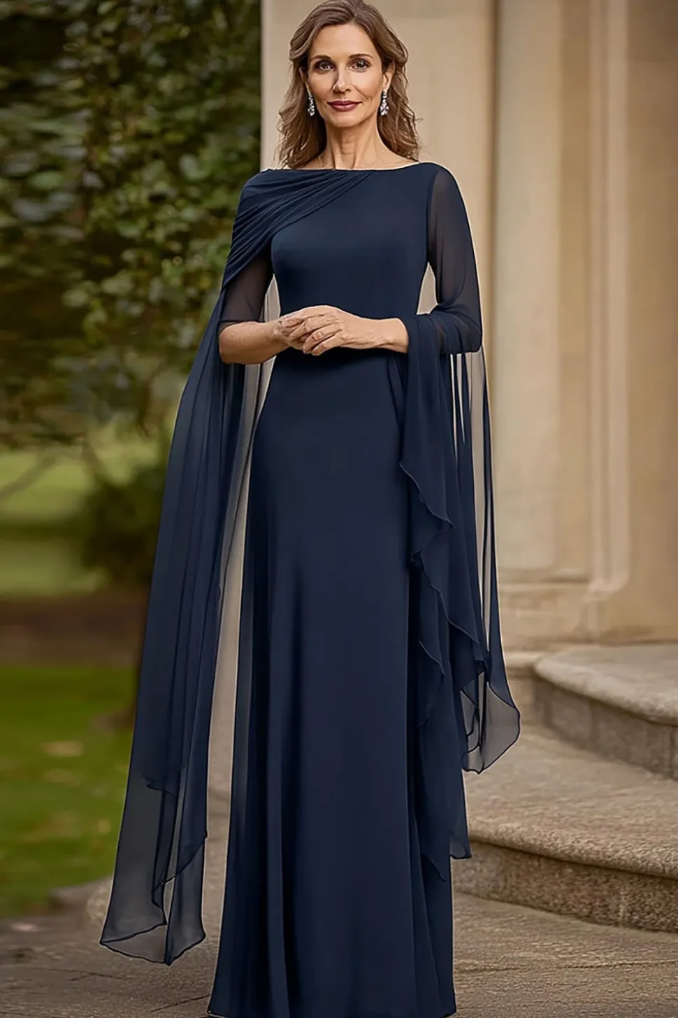 Marinha Chiffon Uma Linha Mãe de Noiva Vestido com Mangas Flutter
