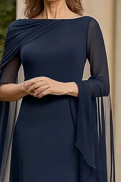 Marinha Chiffon Uma Linha Mãe de Noiva Vestido com Mangas Flutter