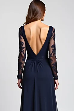 Marinha Decote em V Bainha Longo Vestido Mae Noiva com Fenda