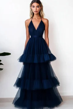 Marinha Decote em V Linha-A Tule Longo Vestidos Cerimónia