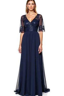 Marinha Decote em V Tule Linha-A Longo Vestido Mae Noiva