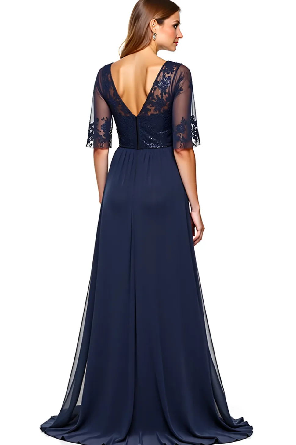 Marinha Decote em V Tule Linha-A Longo Vestido Mae Noiva