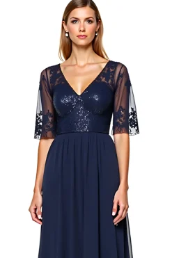 Marinha Decote em V Tule Linha-A Longo Vestido Mae Noiva