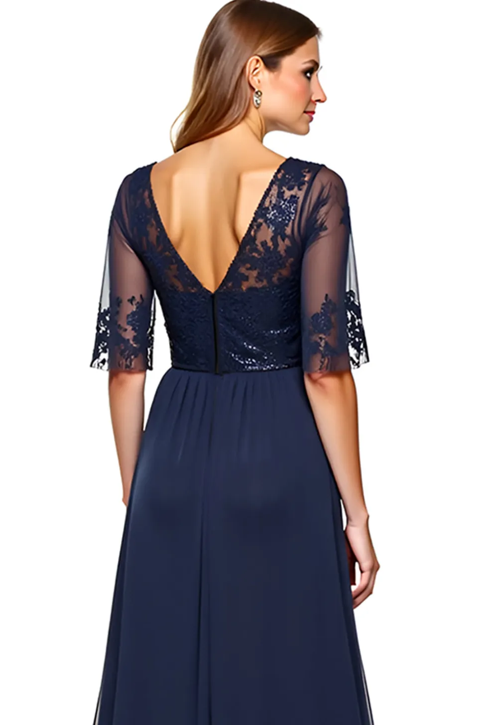 Marinha Decote em V Tule Linha-A Longo Vestido Mae Noiva