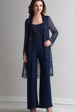 marinha duas peças macacão sequins renda chiffon mãe do vestido da noiva