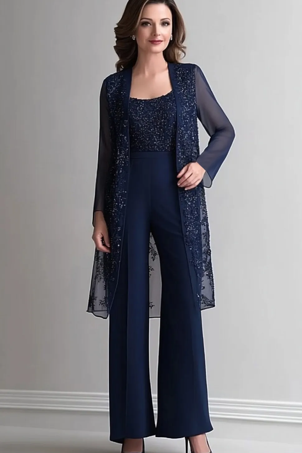 marinha duas peças macacão sequins renda chiffon mãe do vestido da noiva