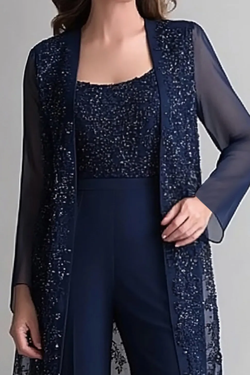 marinha duas peças macacão sequins renda chiffon mãe do vestido da noiva