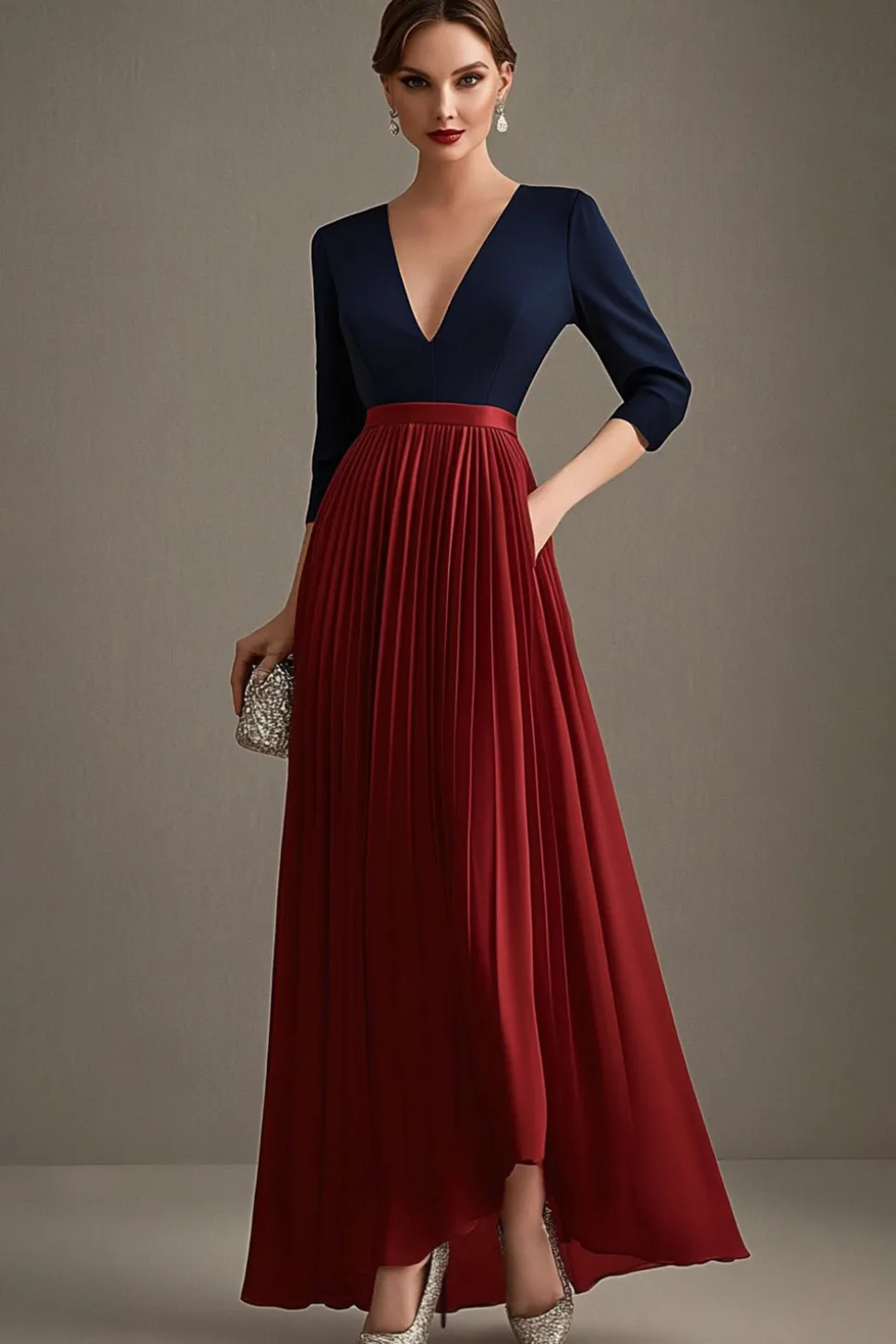 Marinha e Red V-neck A-Line Chiffon Mãe do Vestido da Noiva