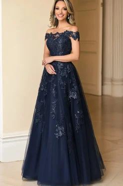 Marinha elegante fora do ombro A-Line tule longa mãe do vestido de noiva com apliques de renda