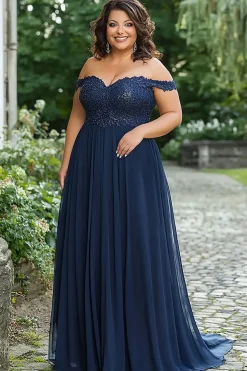 Marinha elegante fora do ombro A-Line Chiffon Long mãe do vestido da noiva com apliques de renda
