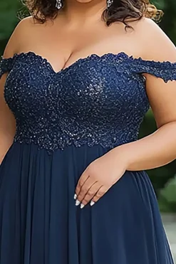 Marinha elegante fora do ombro A-Line Chiffon Long mãe do vestido da noiva com apliques de renda